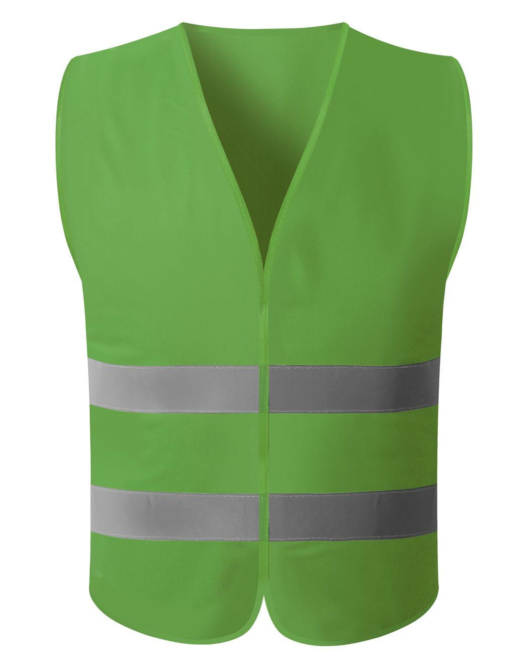 Green safety vest with reflective stripes, ensuring high visibility for wearers in outdoor or low-light situations.