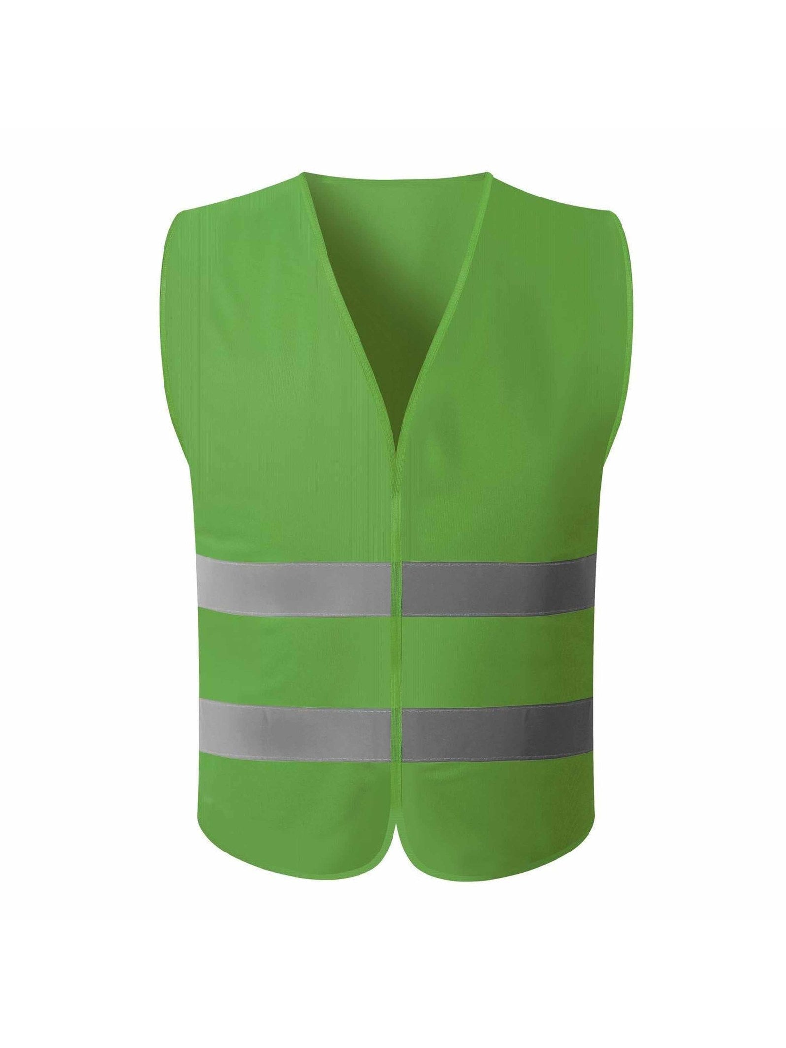 Green safety vest with reflective stripes, ensuring high visibility for wearers in outdoor or low-light situations.