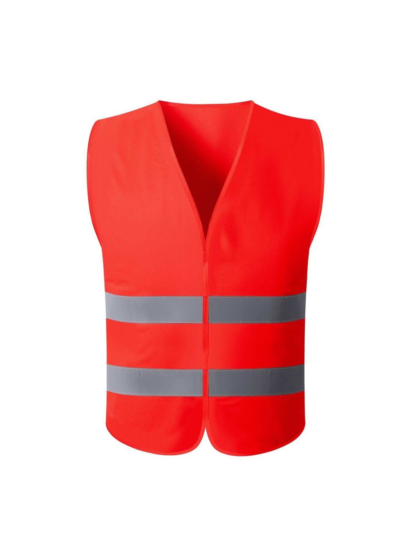 Red safety vest with reflective stripes, ensuring high visibility for wearers in outdoor or low-light situations.