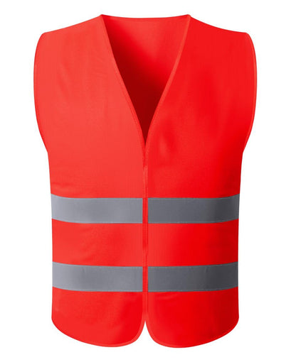 Red safety vest with reflective stripes, ensuring high visibility for wearers in outdoor or low-light situations.