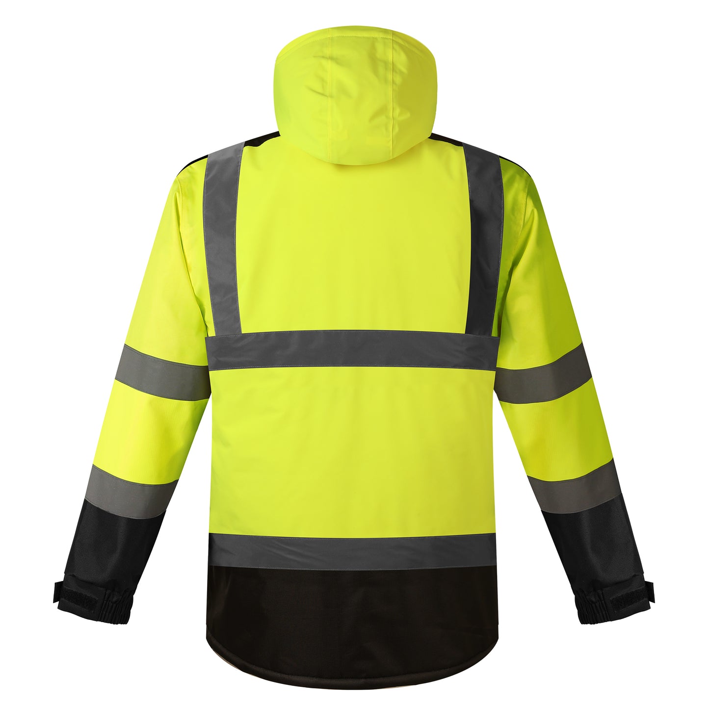 Hi-vis yellow and black winter parka jacket with reflective strips, ideal for workwear and outdoor use.