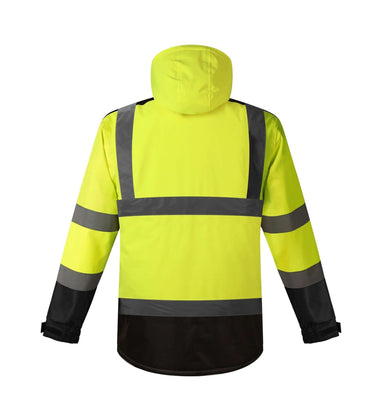 Hi-vis yellow and black winter parka jacket with reflective strips, ideal for workwear and outdoor use.