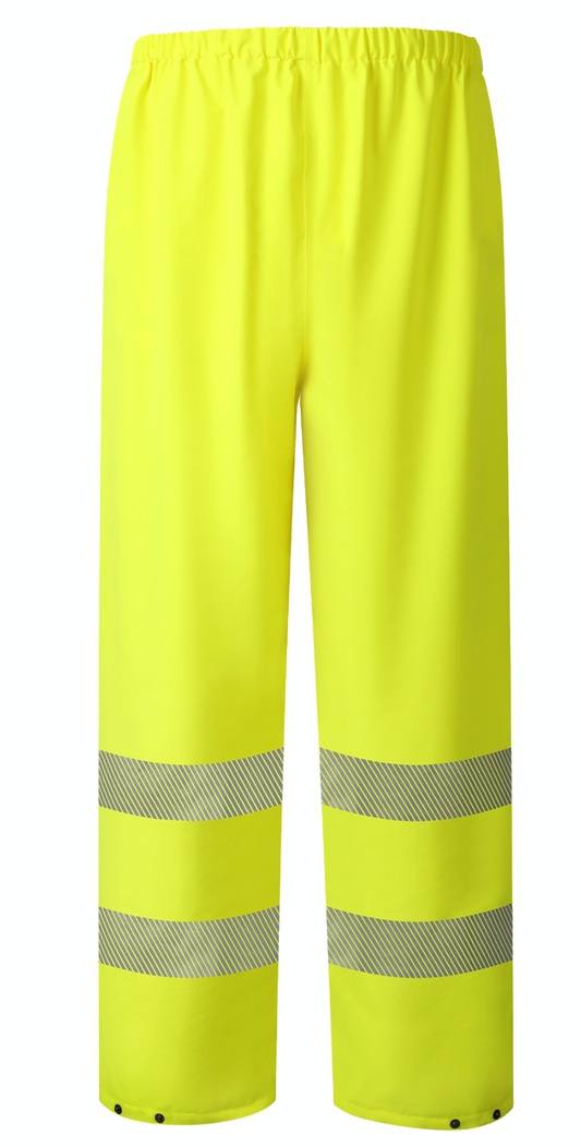 Yellow safety pants equipped with reflective stripes, designed to improve visibility and ensure safety in low-light conditions.