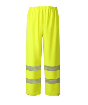 Yellow safety pants equipped with reflective stripes, designed to improve visibility and ensure safety in low-light conditions.