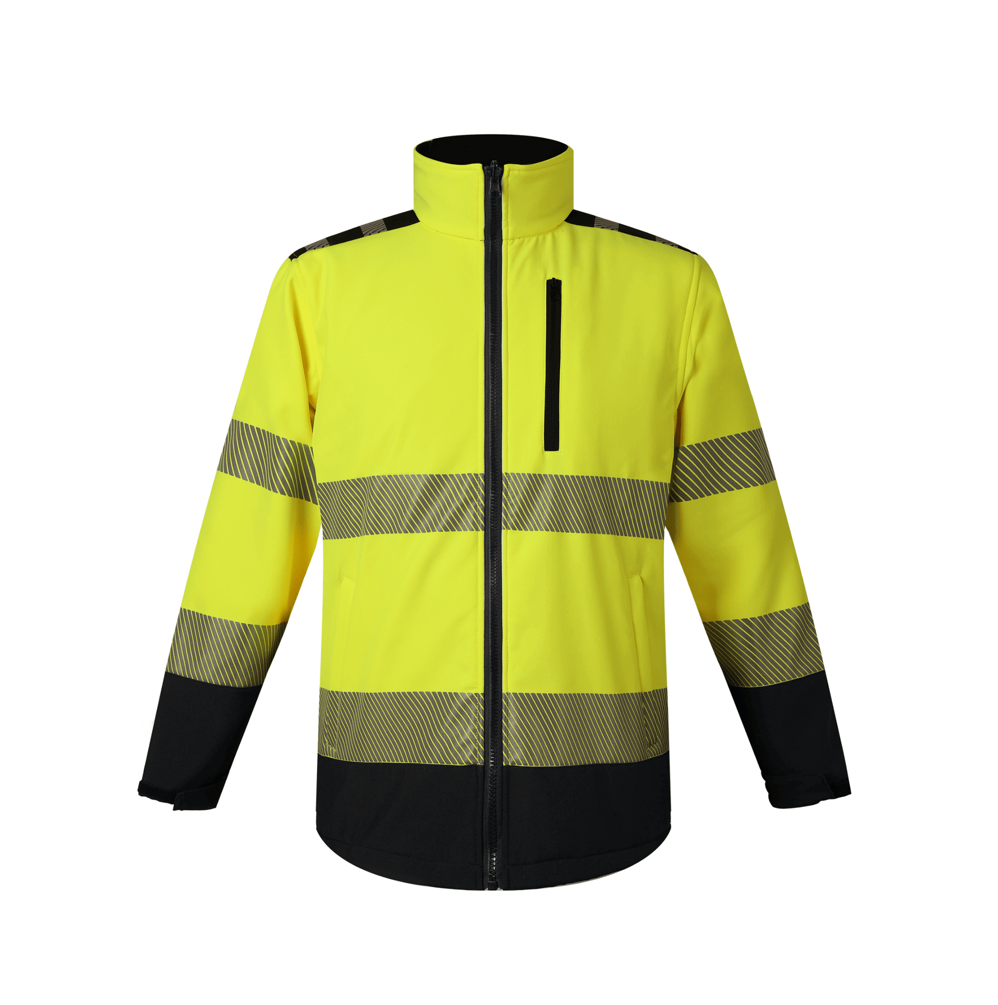 A bright yellow safety jacket adorned with black stripes, designed to ensure high visibility for safety purposes.