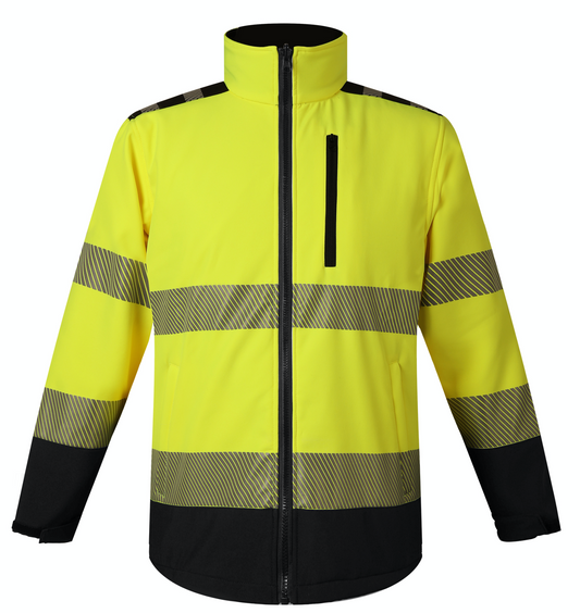 A bright yellow safety jacket adorned with black stripes, designed to ensure high visibility for safety purposes.