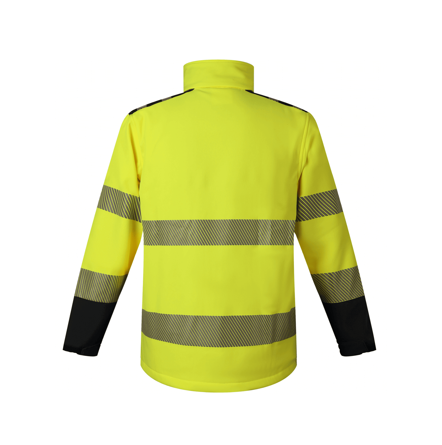 A bright yellow safety jacket adorned with black stripes, designed to ensure high visibility for safety purposes.