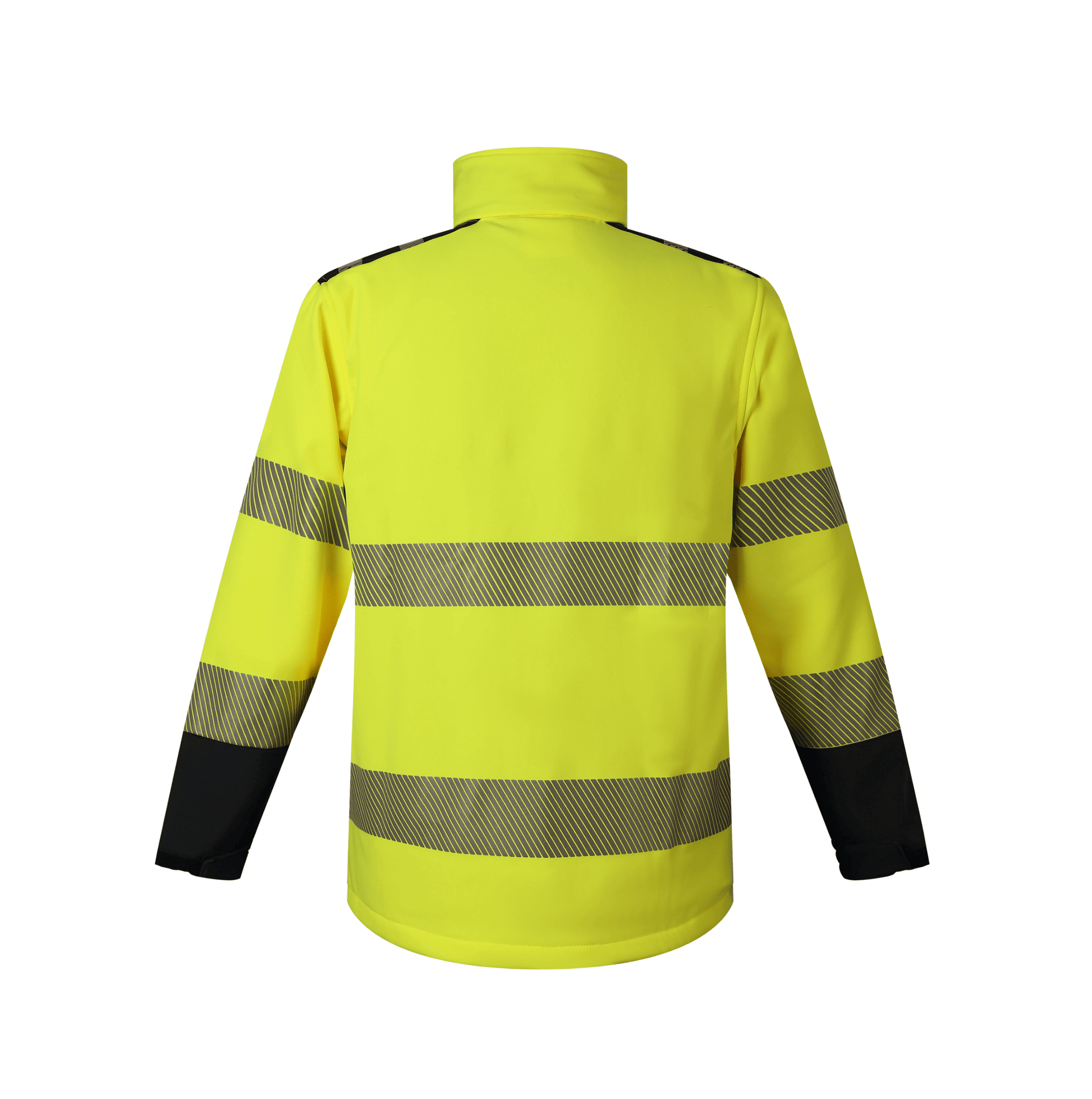 A bright yellow safety jacket adorned with black stripes, designed to ensure high visibility for safety purposes.