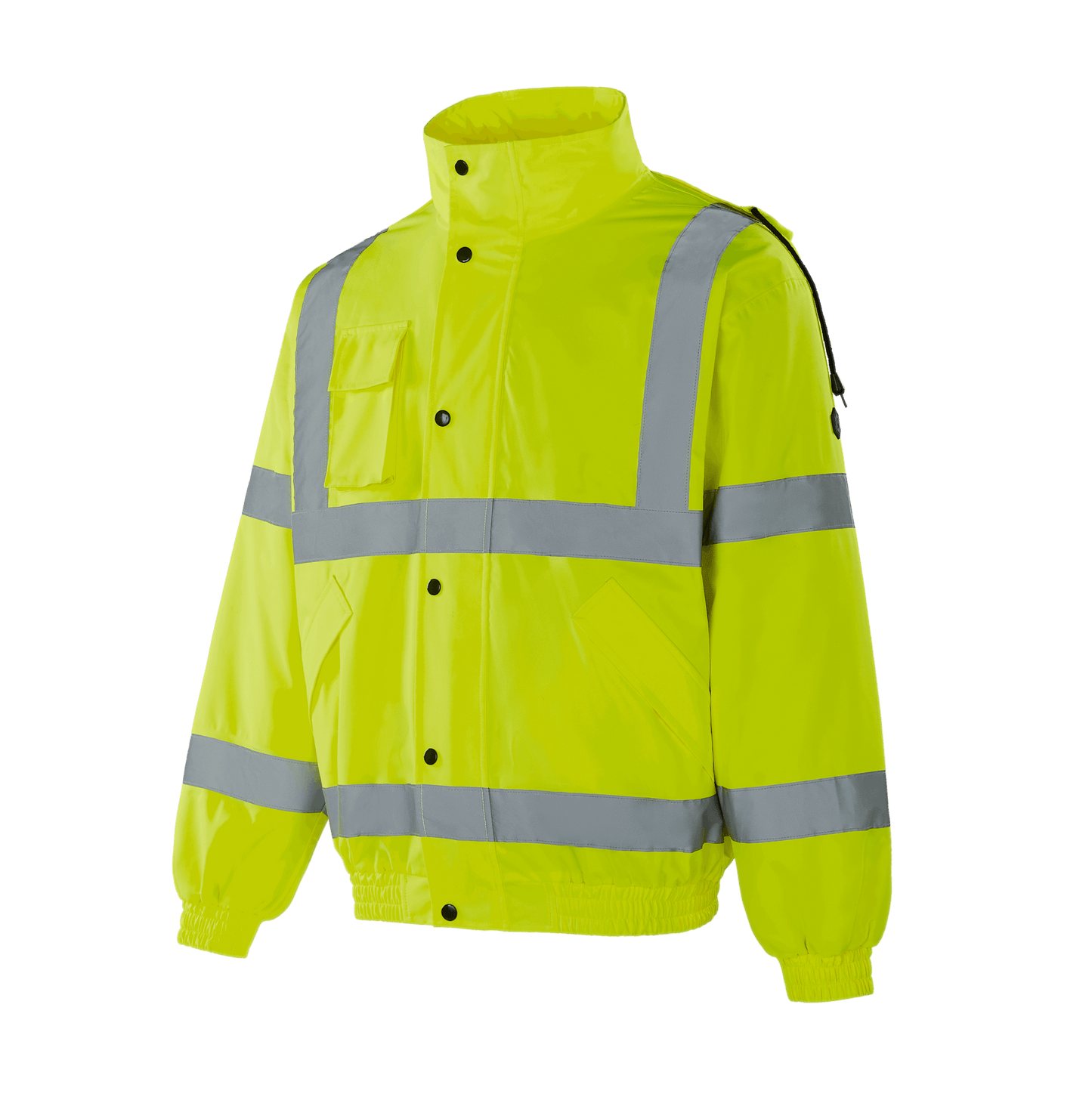 Hi-vis yellow WJ301 BERGEN winter bomber, 300D Oxford with TPU, quilted lining, left chest pocket, two side pockets, velcro cuffs, removable hood, sewn reflective tape, EN 20471 Class 3