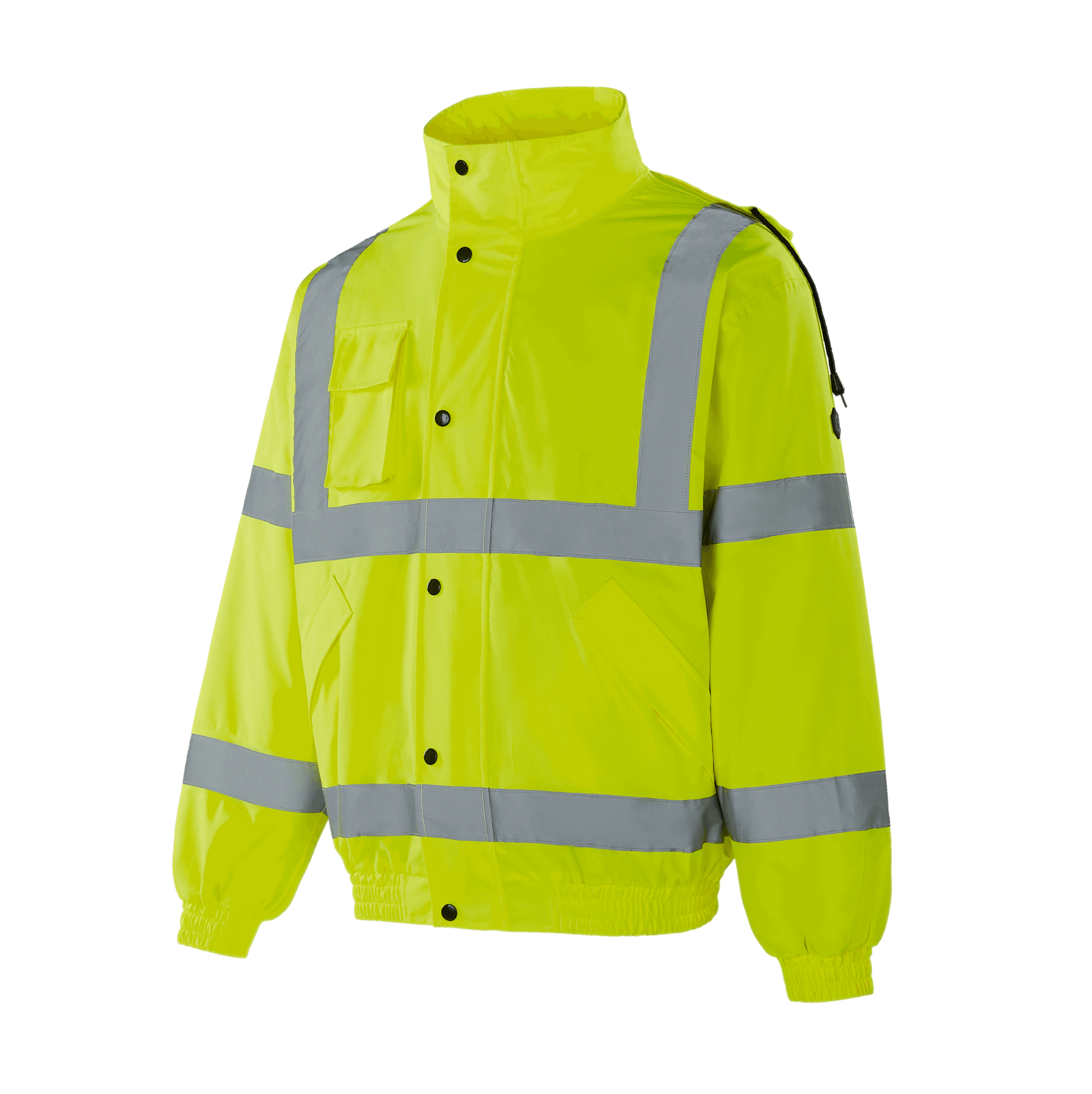 Hi-vis yellow WJ301 BERGEN winter bomber, 300D Oxford with TPU, quilted lining, left chest pocket, two side pockets, velcro cuffs, removable hood, sewn reflective tape, EN 20471 Class 3