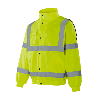 Hi-vis yellow WJ301 BERGEN winter bomber, 300D Oxford with TPU, quilted lining, left chest pocket, two side pockets, velcro cuffs, removable hood, sewn reflective tape, EN 20471 Class 3