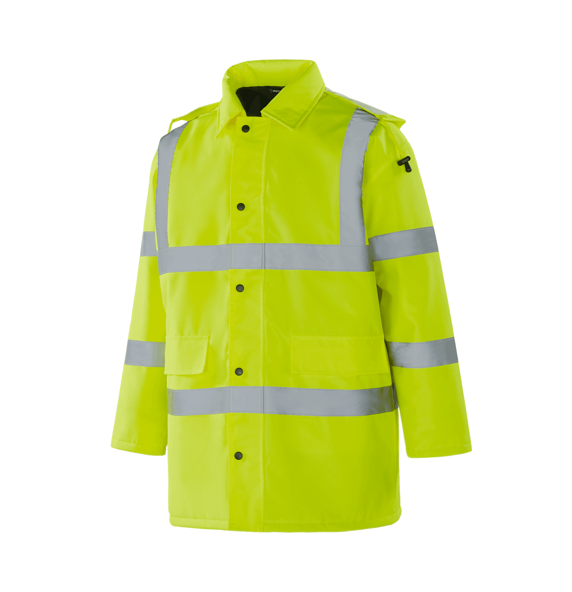 WJ304 BORDEAUX fluorescent yellow hi-vis winter parka, practical storage and reflective bands