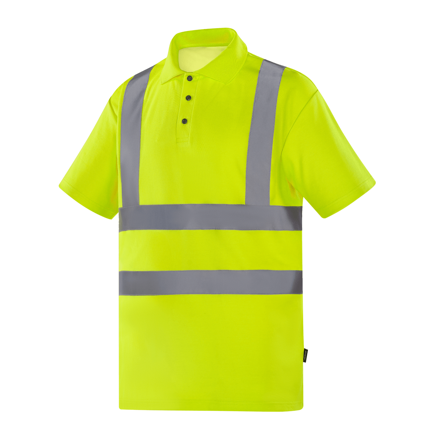 Hi-vis yellow WT202 BRISTOL short sleeve polo, 180gsm polyester-covered pique cotton, internal cotton layer, sewn reflective tapes, EN 20471 Class 2