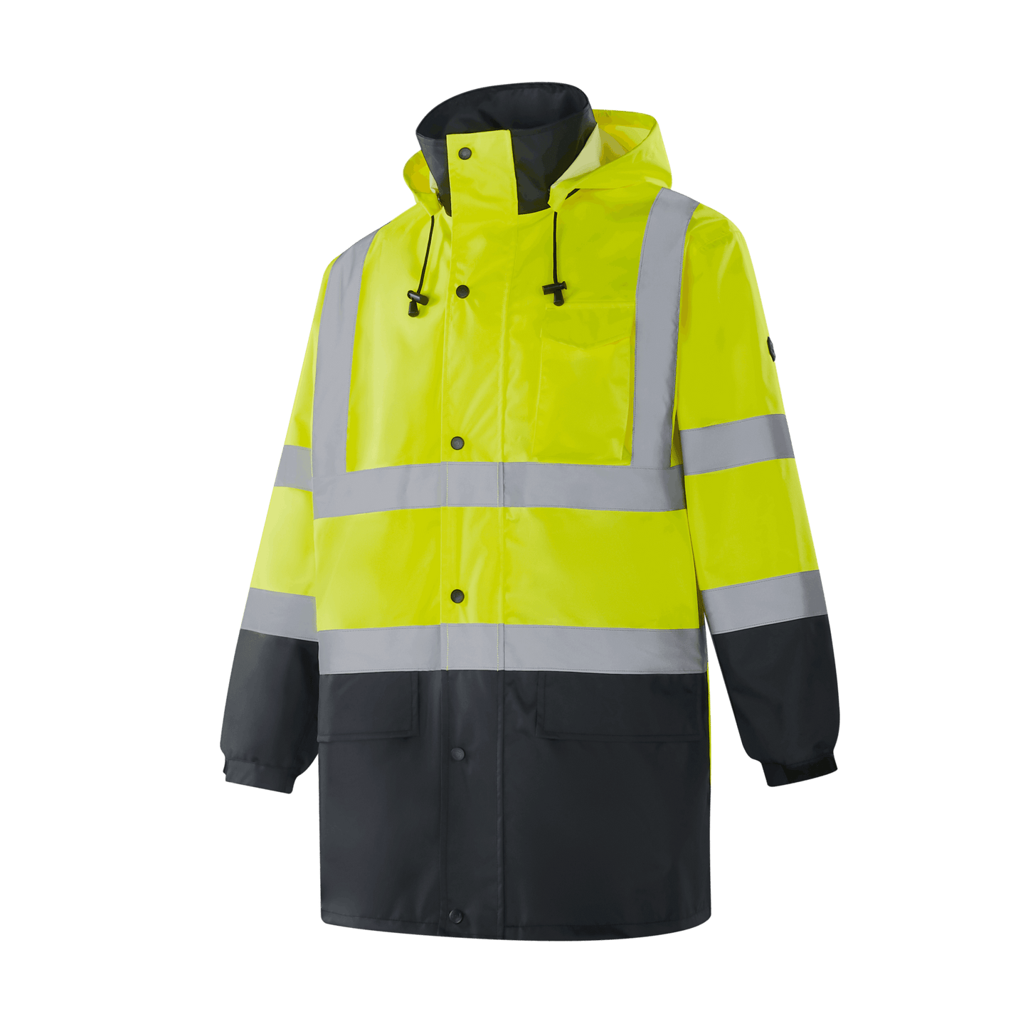 Hi-vis yellow WR301 DRESDEN rain jacket, 300D Oxford with TPU, mesh lining, left chest pocket, two lower pockets, velcro cuffs, sewn reflective tape, EN 20471 Class 3