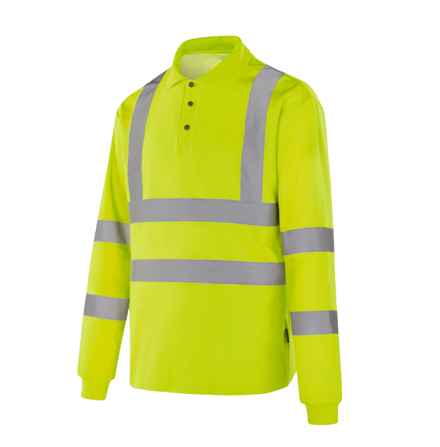 Hi-vis yellow WT302 GENEVE long sleeve polo, polyester-covered pique cotton, sewn reflective tapes, EN 20471 Class 3