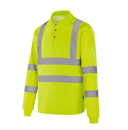Hi-vis yellow WT302 GENEVE long sleeve polo, polyester-covered pique cotton, sewn reflective tapes, EN 20471 Class 3