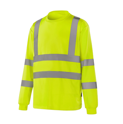 Hi-vis yellow WT301 LEIPZIG long sleeve T-shirt, breathable 150gsm polyester bird's eye fabric, sewn reflective tape, EN 20471 Class 3