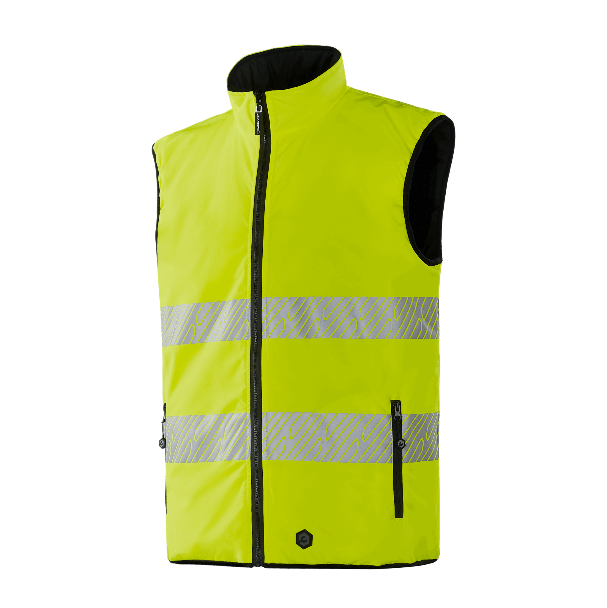 WJ201 LINZ hi-vis yellow reversible jacket, 100D four-way stretch fabric, peach lining, waterproof zippers, elastic edging, heat transfer reflective tapes, EN 20471 Class 2