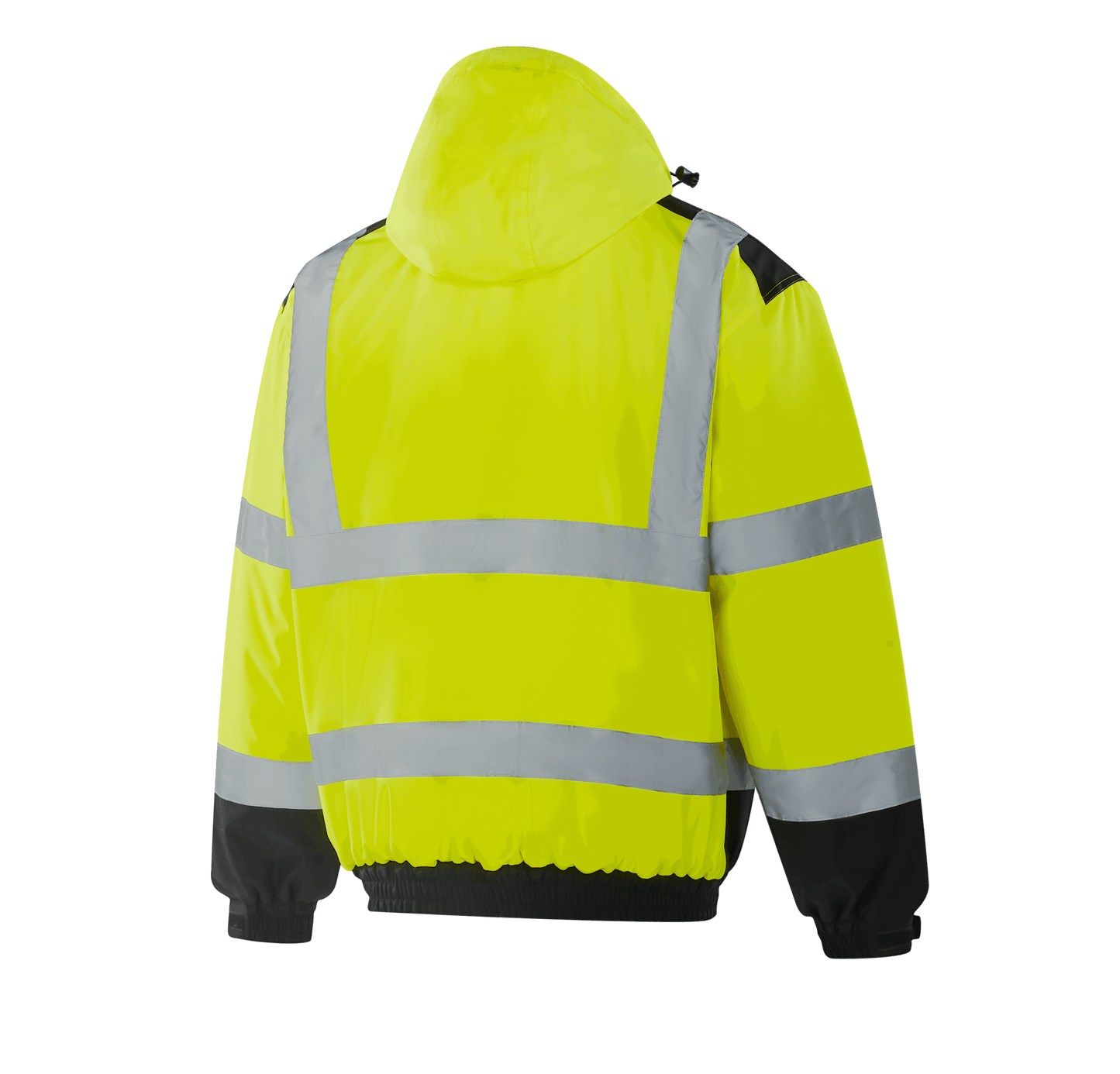 WJ302 LUBECK hi-vis yellow winter bomber, 300D Oxford with TPU, quilted + lambskin lining, chest zipper pocket, two side pockets, removable hood, reflective tape, EN 20471 Class 3