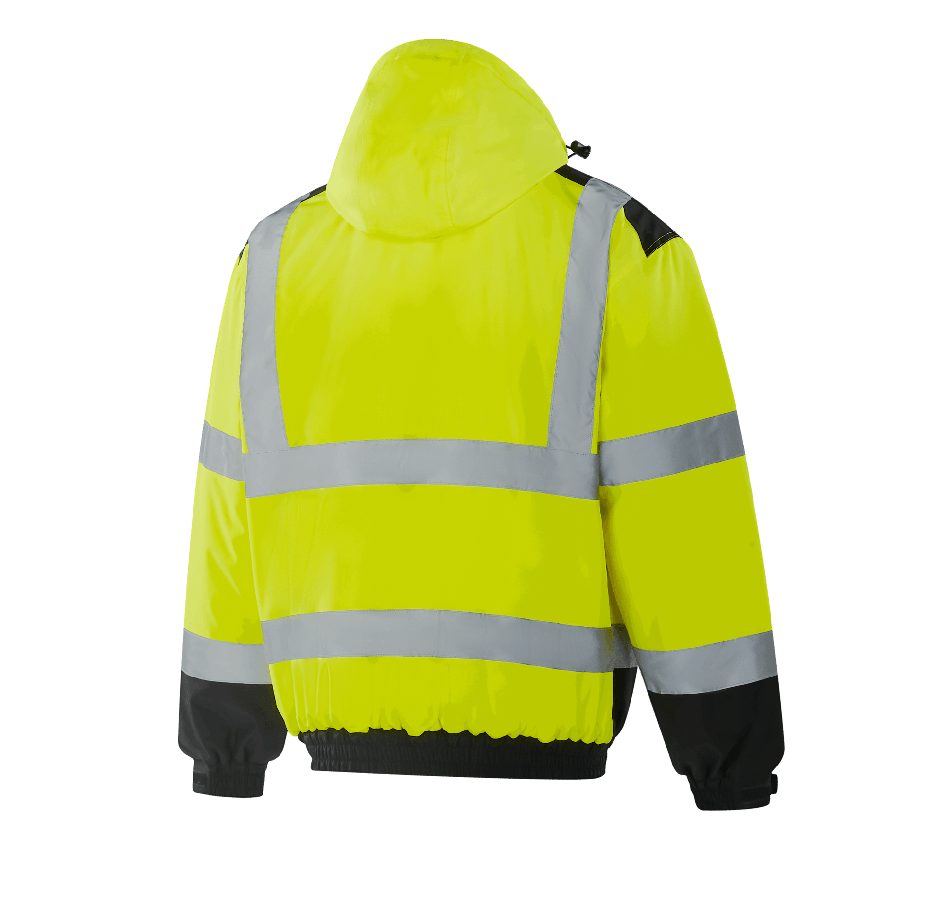 WJ302 LUBECK hi-vis yellow winter bomber, 300D Oxford with TPU, quilted + lambskin lining, chest zipper pocket, two side pockets, removable hood, reflective tape, EN 20471 Class 3