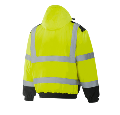 WJ302 LUBECK hi-vis yellow winter bomber, 300D Oxford with TPU, quilted + lambskin lining, chest zipper pocket, two side pockets, removable hood, reflective tape, EN 20471 Class 3