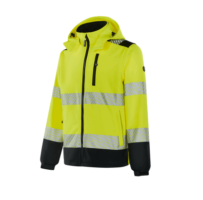 Hi-vis yellow WS302 MAGDEBURG softshell, two-layer composite fabric, chest zipper pocket, two side pockets, adjustable cuffs, 6cm & 7cm heat transfer reflective tapes, EN 20471 Class 2 (S–L), Class 3 (XL–5XL)