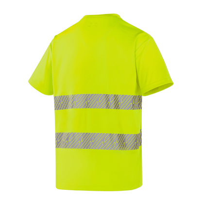 Hi-vis yellow WT203 MALAGA short sleeve T-shirt, polyester bird's eye fabric, heat transfer reflective tapes, EN 20471 Class 2
