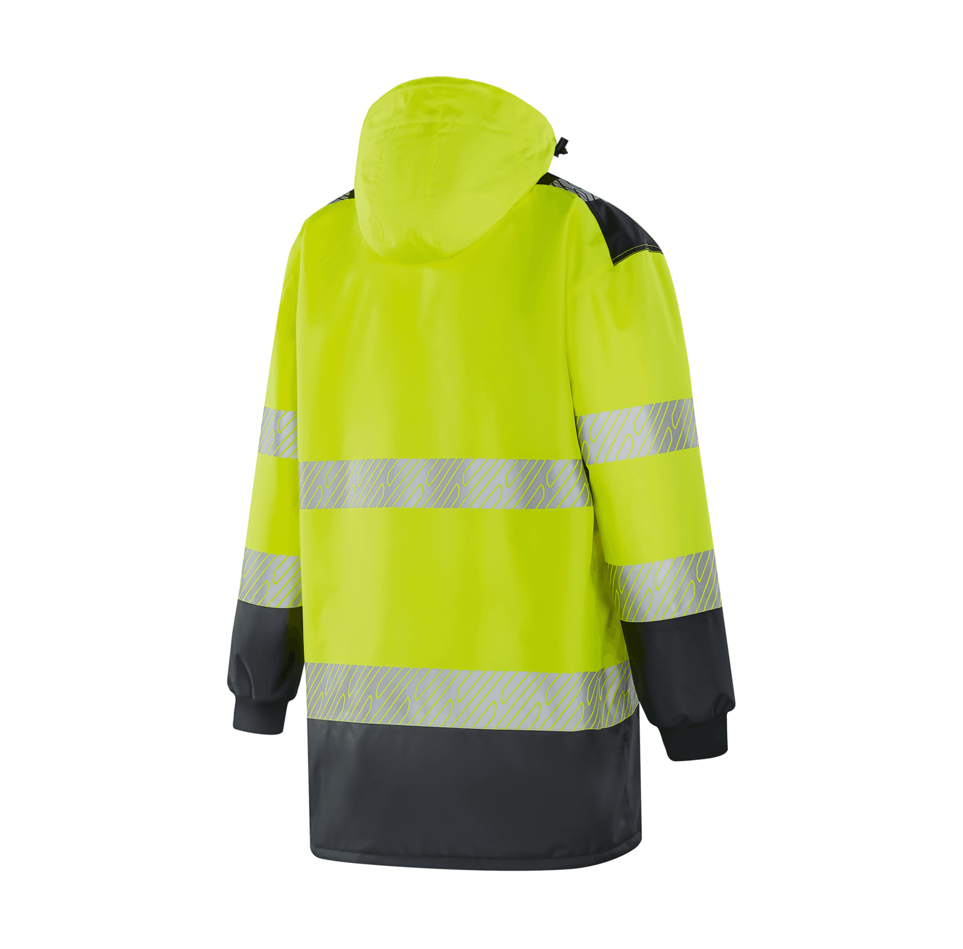 WJ306 ROSTOCK hi-vis yellow winter parka, 300D Oxford with TPU, quilted cotton + Dralon, left & right chest pockets, two lower pockets, removable hood, heat transfer reflective tapes, EN 20471 Class 3