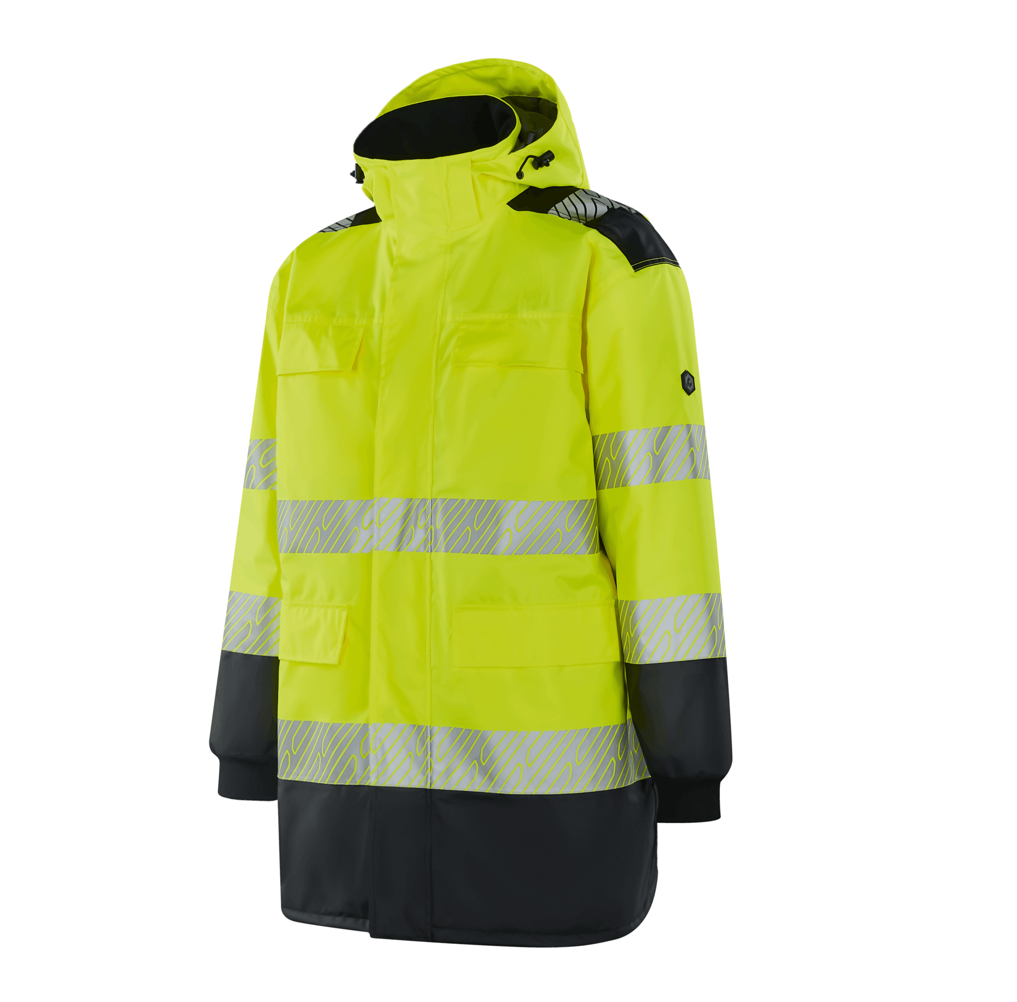 WJ306 ROSTOCK fluorescent yellow hi-vis winter parka, functional chest and side pockets