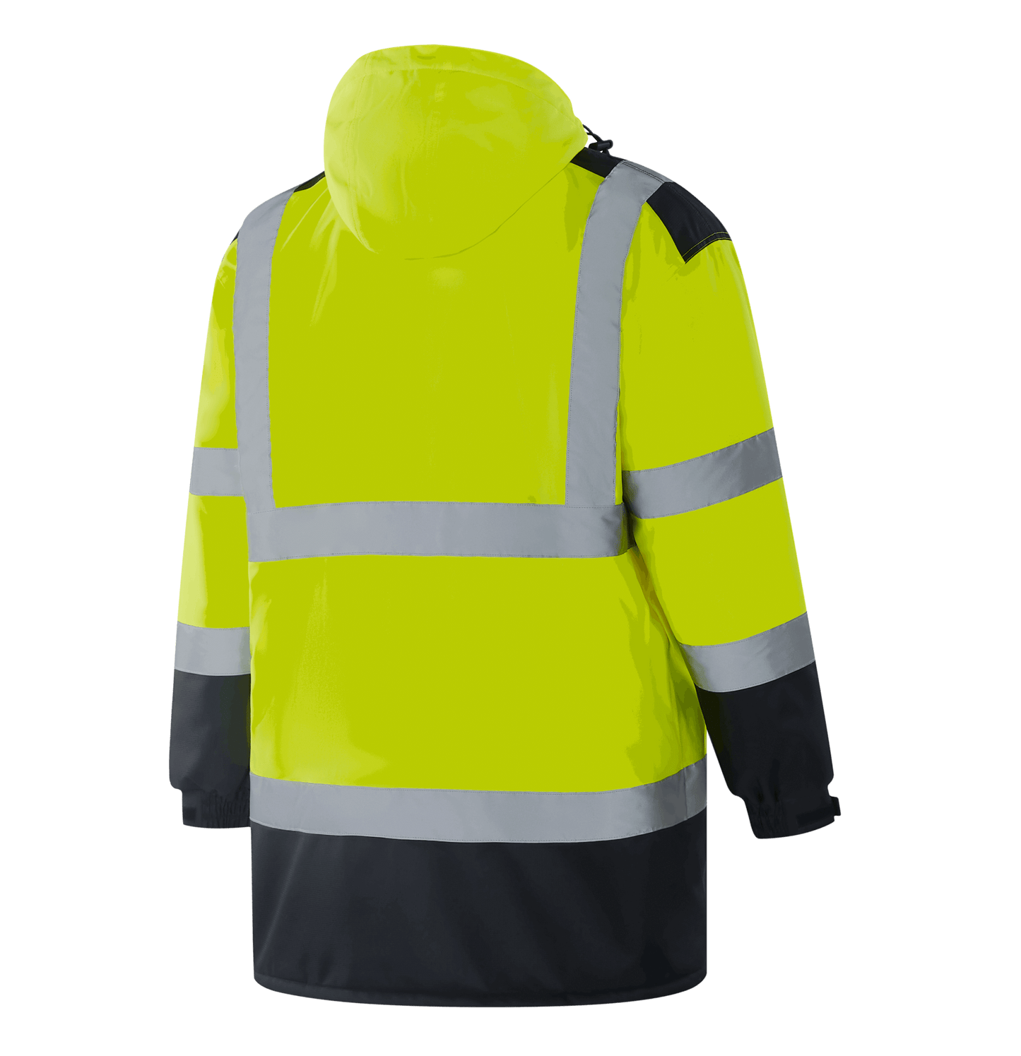 WJ305 TORUN hi-vis yellow winter parka, 300D Oxford with TPU, quilted cotton + lambskin, left chest zipper pocket, two flap pockets, ribbed cuffs, removable hood, sewn reflective tape, EN 20471 Class 3