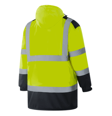 WJ305 TORUN hi-vis yellow winter parka, 300D Oxford with TPU, quilted cotton + lambskin, left chest zipper pocket, two flap pockets, ribbed cuffs, removable hood, sewn reflective tape, EN 20471 Class 3