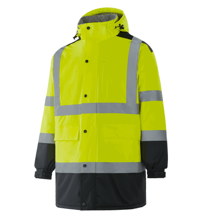 WJ305 TORUN fluorescent yellow hi-vis winter parka, functional pockets and reflective bands