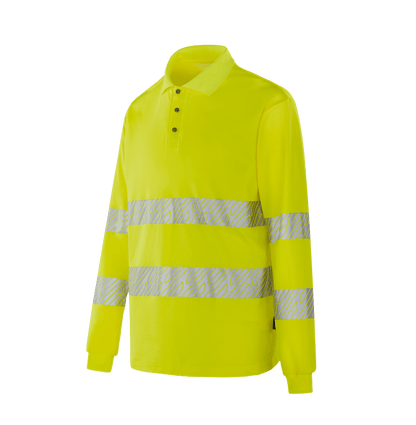 Hi-vis yellow WT304 TOULON long sleeve polo, polyester-covered pique cotton, heat transfer reflective tapes, EN 20471 Class 3