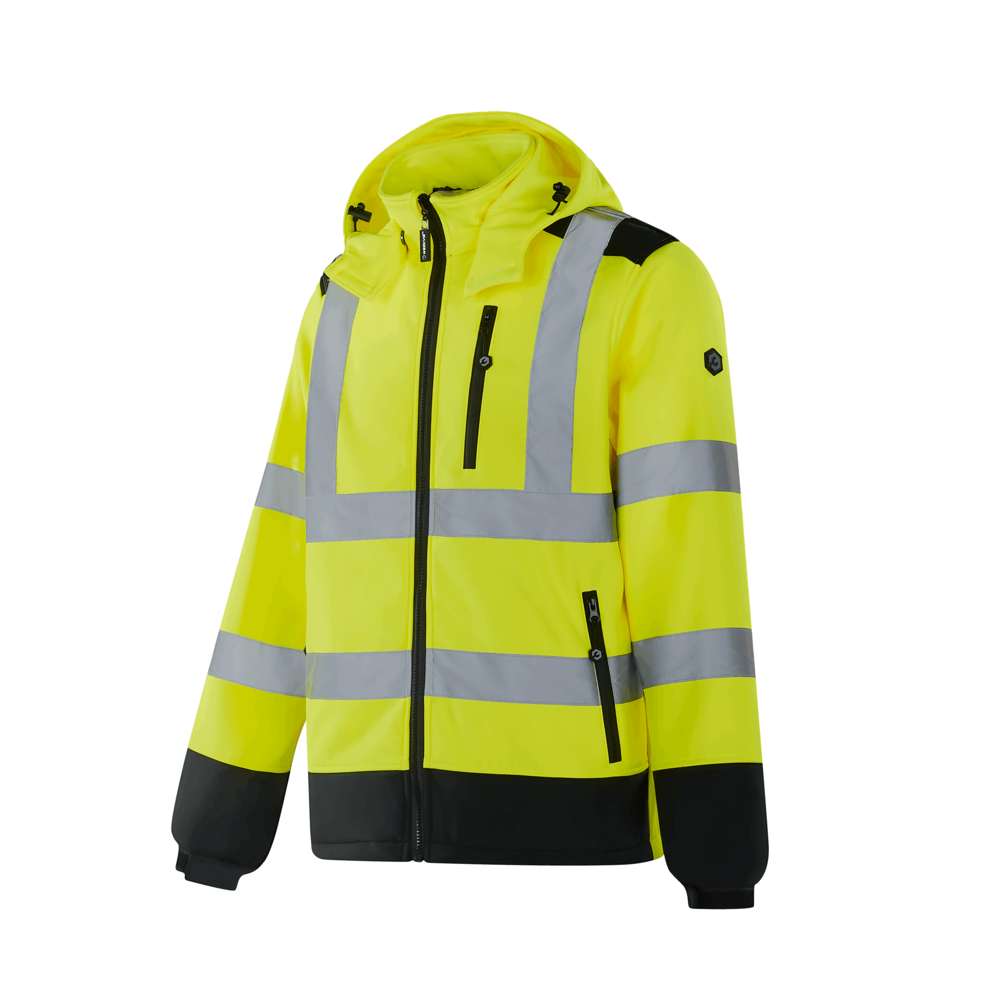 Hi-vis yellow WS301 UTRECHT softshell jacket, two-layer composite fabric, black highlights, chest zipper pocket, two side pockets, adjustable velcro cuffs, sewn reflective tape, EN 20471 Class 2 (S–M), Class 3 (L–5XL)
