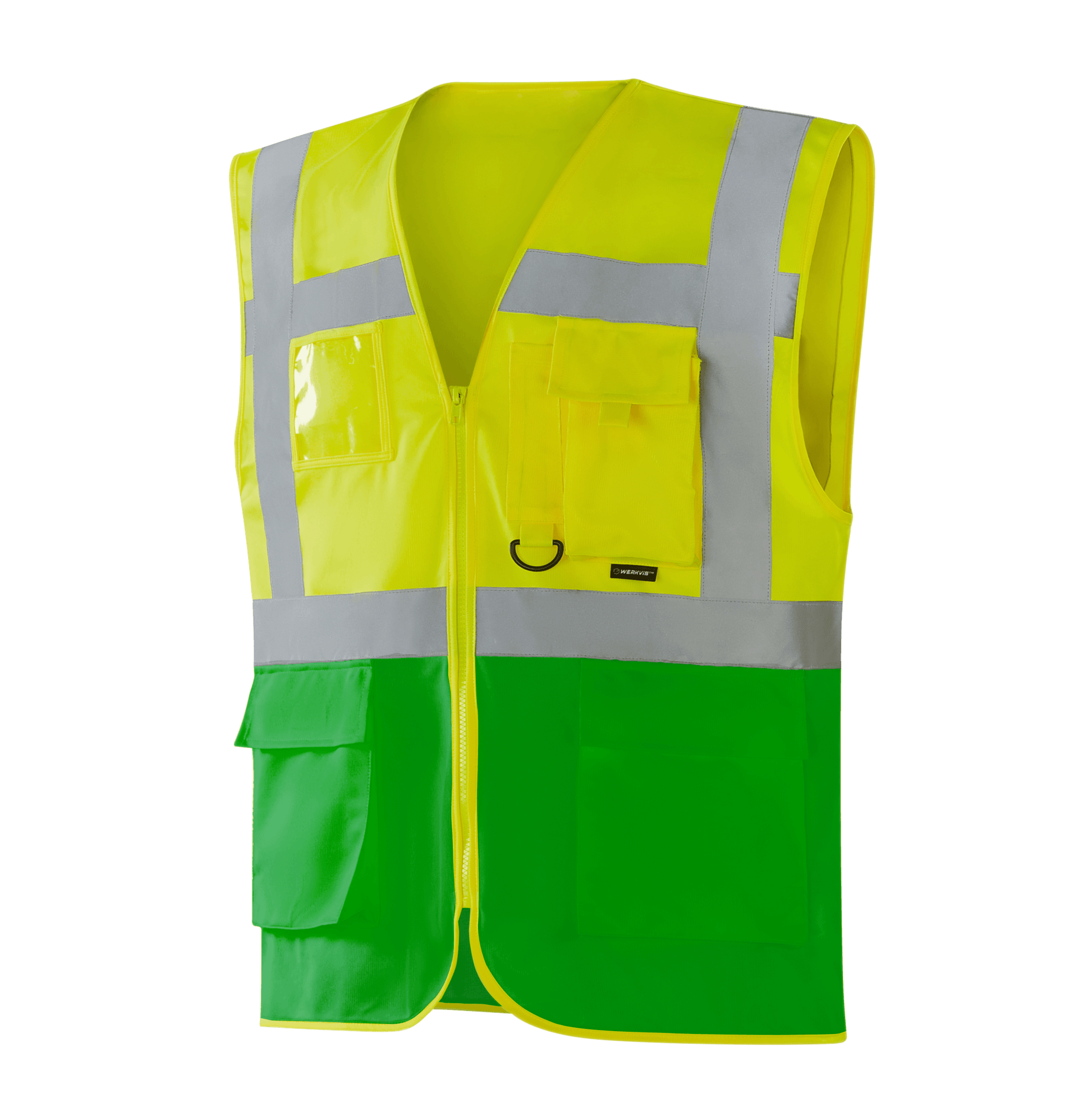 WV204 MALLORCA hi-vis yellow-green vest with pockets, pen holder, D-ring, transparent ID pocket, large lower flap pockets