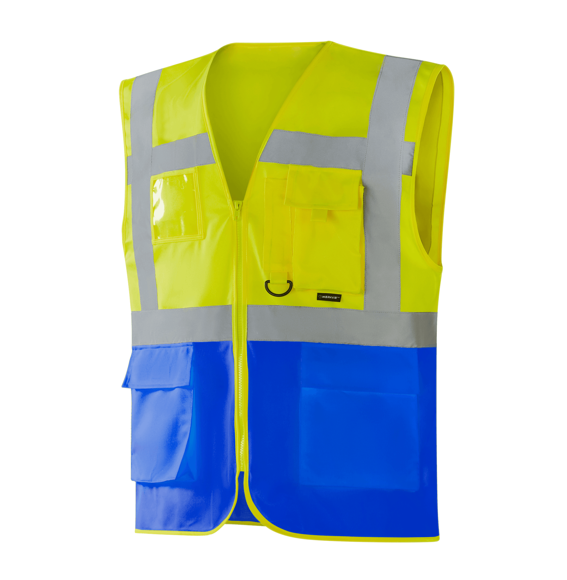 WV204 MALLORCA hi-vis yellow-blue vest with pockets, pen holder, D-ring, transparent ID pocket, large lower flap pockets