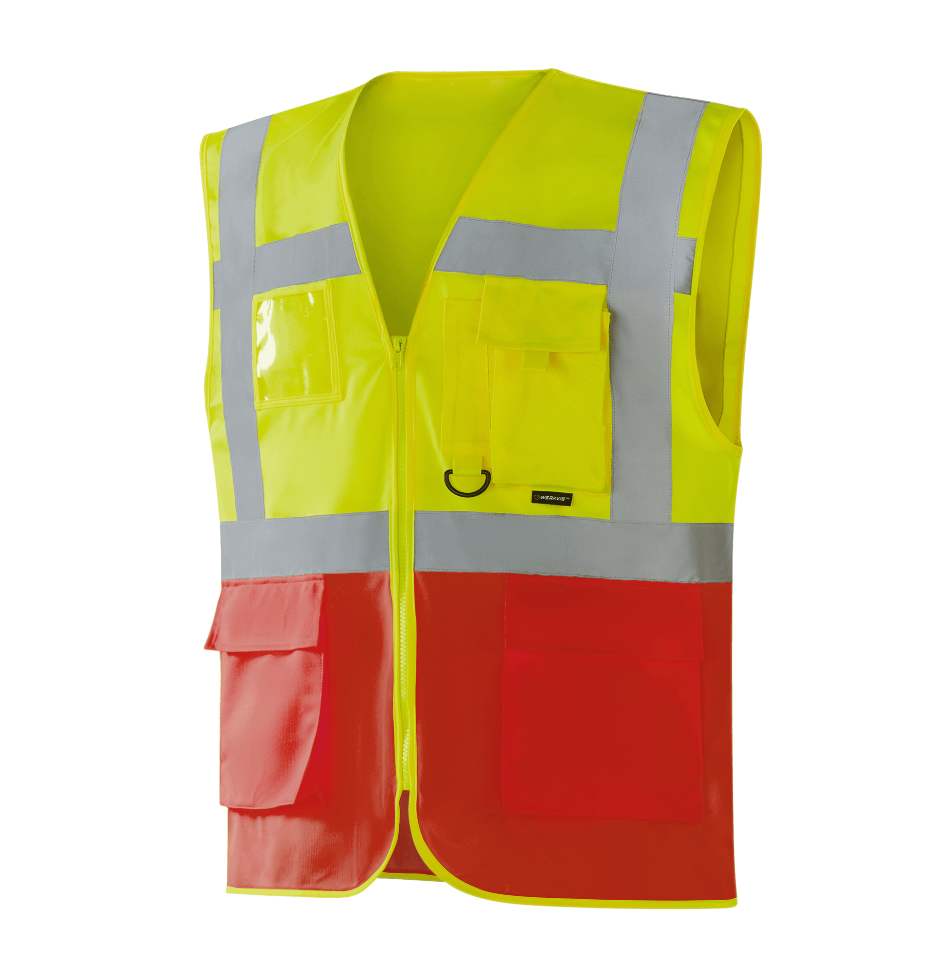 WV204 MALLORCA hi-vis yellow-red vest with pockets, pen holder, D-ring, transparent ID pocket, large lower flap pockets