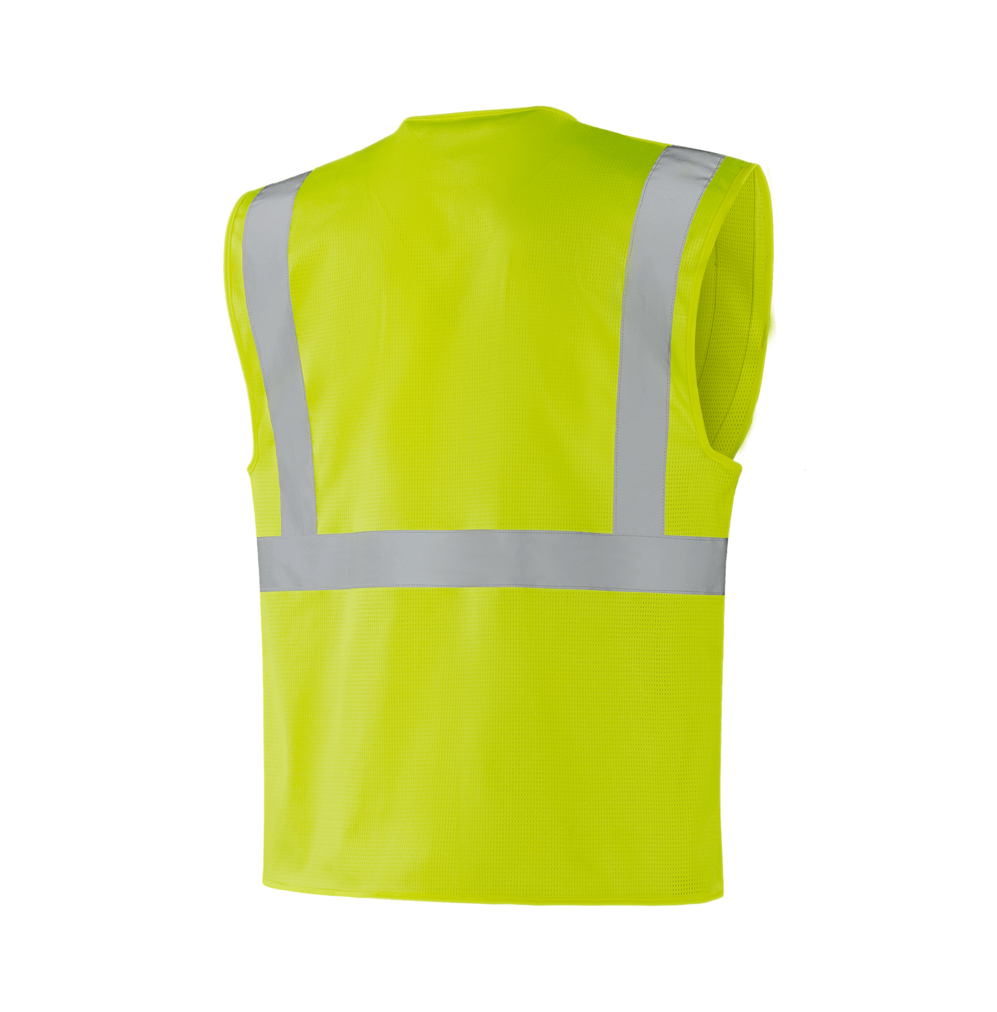 Hi-vis yellow WV205 ZARAGOZA vest, 150gsm corn mesh, zip front, sewn reflective tape, EN 20471 Class 2
