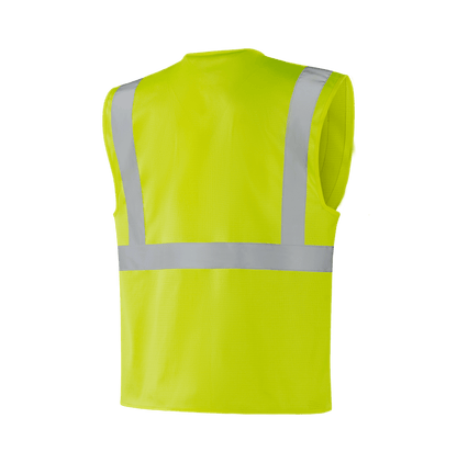 Hi-vis yellow WV205 ZARAGOZA vest, 150gsm corn mesh, zip front, sewn reflective tape, EN 20471 Class 2